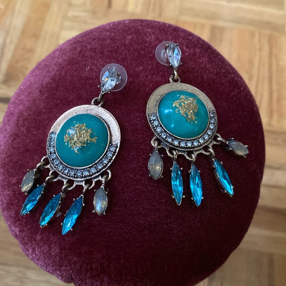 Gold and teal blue green  and sparkle earrings